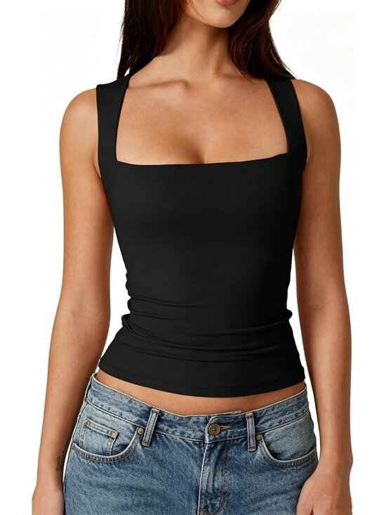 Tops - 〽️Women's Black Sleeveless Square Neck Double Layer Fitted Stretch Basic Top!